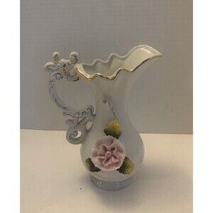 Vtg Lego Ceramic Pitcher With Gold Accents Made In Taiwan with raised flowers